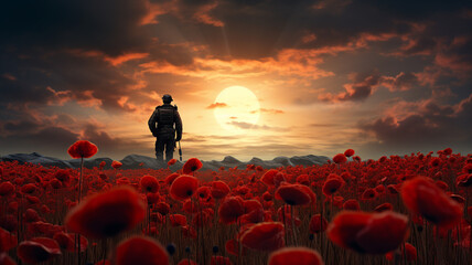 Field of red poppies with soldier silhouette veterans day - obrazy, fototapety, plakaty