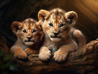 Two lion cubs. Digital art. - obrazy, fototapety, plakaty