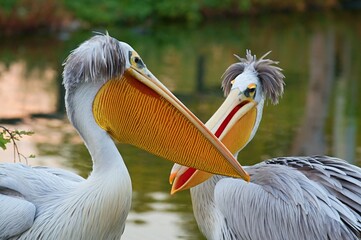 Close up photo of two pelicans. Detail of Pelican (Pelecanus) beak and head. Prague Zoo, Czech republic. 