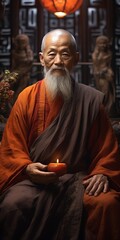 a man in orange robe holding a candle