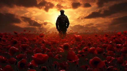 Foto op Plexiglas Field of red poppies with soldier silhouette veterans day © Yuwarin