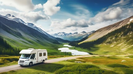 camper van in the mountains in summer. outdoor nature vacation. Generative AI