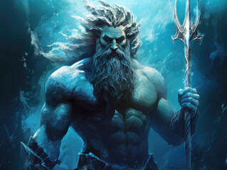 Poseidon, god of the seas. Digital art.