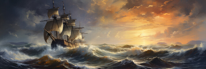 A ship at sea. Panoramic view. Digital art. - obrazy, fototapety, plakaty