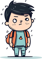 Sad boy with backpack vector illustration in doodle style