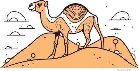 Camel in the desert vector illustration in flat linear style