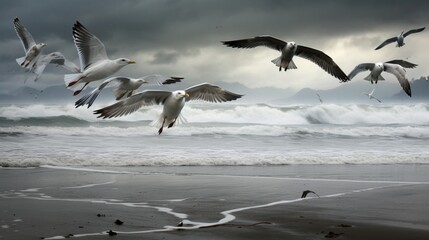 Coastal Rainfall: Seagulls Spreading Wings Over the Beach on a Rainy Day