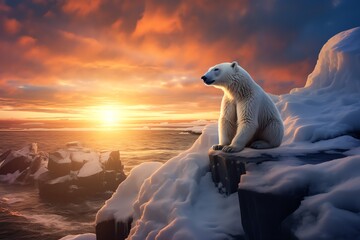 a polar bear sitting on a rock in the snow - Powered by Adobe