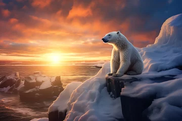 Foto op Plexiglas a polar bear sitting on a rock in the snow © Alex