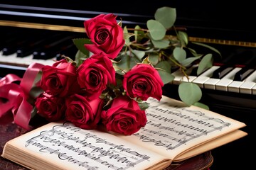 a bouquet of roses on a piano