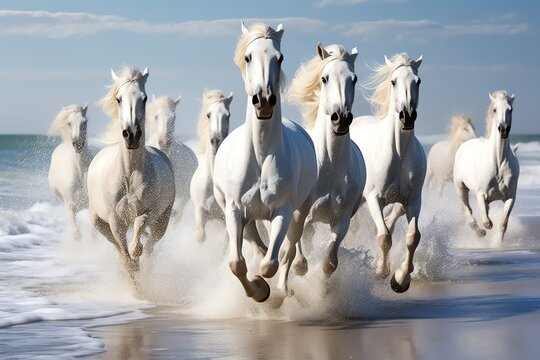 a group of white horses running on water