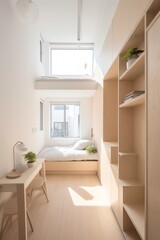 Fototapeta na wymiar a room with a bed and shelves