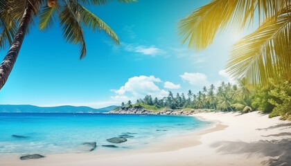 Fototapeta na wymiar Illustrated painting of beautiful tropical sand beach and blue transparent water of sea. Vacation and traveling to tropical country.