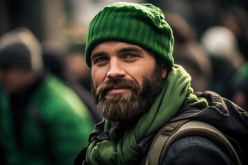 Fototapeta premium A portrait of an attractive man with a green hat and scarf, celebrating St. Patrick's Day in the street parade