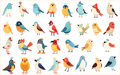 Set of cute little colorful birds, Beautiful birds, Spring birds