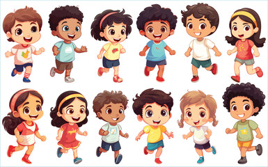 Set of Happy multiethnic preschool girls and boy standing in different expressions, Cute kids cartoon with different expressions, Set of funny and cute little boy and girl with different expressions