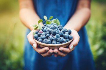 Naklejka na ściany i meble Ripe blueberries in woman hands on the green garden background