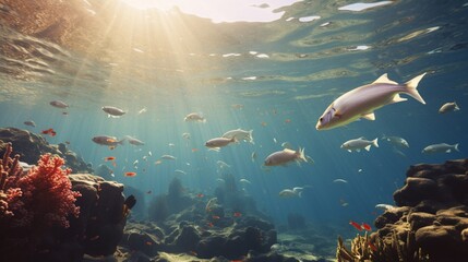 Group of fish swimming in red sea - obrazy, fototapety, plakaty
