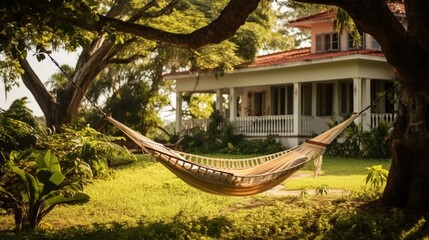 Hammock Between Trees in Front of an Old House