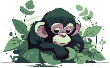 Chimpanzee sitting on the green leaves vector illustration