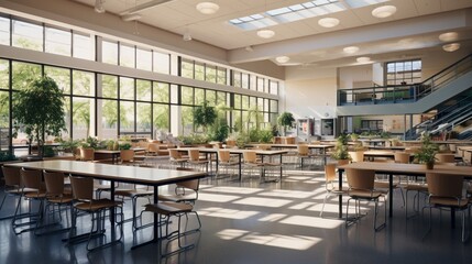 Fototapeta na wymiar High School Cafeteria Interior Bathed in Soft Window Light, Creating a Welcoming Ambiance