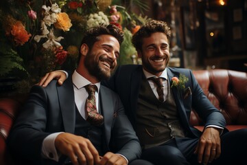 two men in suits smiling - obrazy, fototapety, plakaty