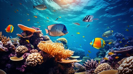Obraz na płótnie Canvas Idyllic Scene of Tropical Fish Swimming Amongst Underwater Reefs