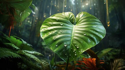 Imposing Elephant Ear Leaf Stands Out in a Verdant Forest Glowing with Magical Sunlight, Adorned by Glistening Raindrops