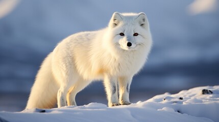 Fototapeta premium In the Arctic backdrop, a wild white fox with long fur strikes a pose on the snowy terrain