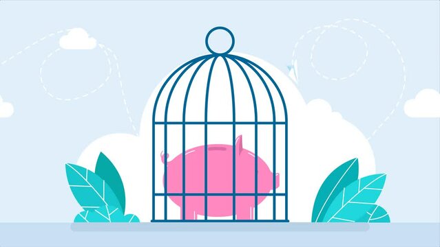 Pink piggy bank animation. Piggy bank in a cage. Wealthy piggy bank under bird cage strong protection. Savings, wealth, property. Protect money from inflation, insurance. Trendy 2d flat animation