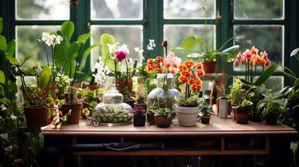 Fototapeta na wymiar Indoor Arrangement: Greenhouse Plants on a Table