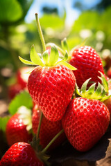 Summer Bounty: Sun-Drenched Strawberry Plant Bearing Ripe Red Strawberries