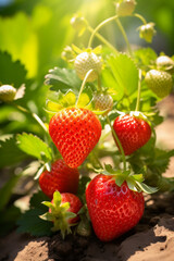 Ripe Harvest: Strawberry Plant Laden with Red Ripe Strawberries in Sunlit Orchard