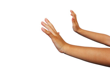Two boy's hands making a gesture of pushing or resisting something on a white background.