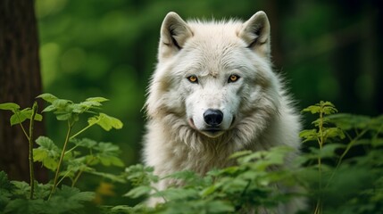 Obraz premium Majestic white wolf, focused gaze toward the camera, among the vibrant green foliage of a lush forest with a blurred background