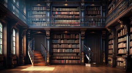 a library with a staircase and bookshelf