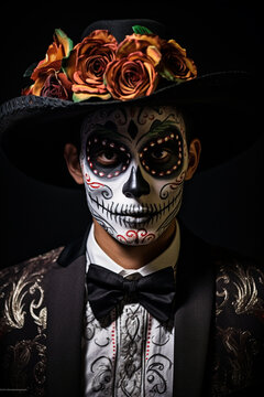 Cultural Celebration: Young Man Embraces Day of the Dead Tradition with Makeup and Costume