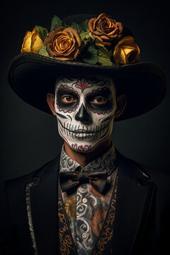 Cultural Celebration: Young Man Embraces Day of the Dead Tradition with Makeup and Costume