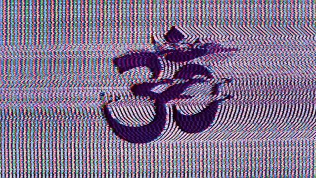 Dark blue Ohm or OM symbol with flashing orange blue yellow static glitch noise