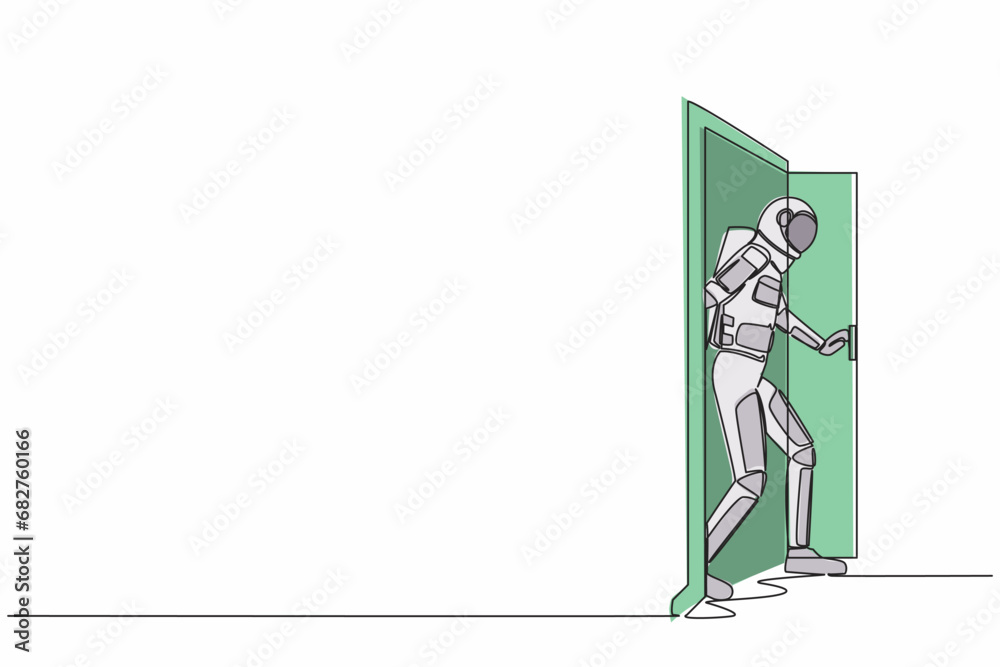 Poster continuous one line drawing astronaut walking through an open door frame in moon surface. new space 
