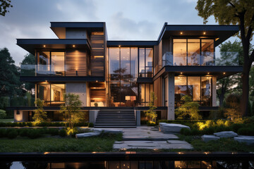 Fototapeta premium Street with modern modular private townhouse. Appearance of residential architecture.