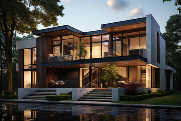 Fototapeta premium Street with modern modular private townhouse. Appearance of residential architecture.