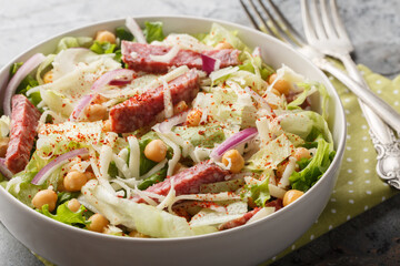 La Scala Chopped Salad with simple ingredients like chopped romaine, salami, and mozzarella close-up in a bowl. Horizontal