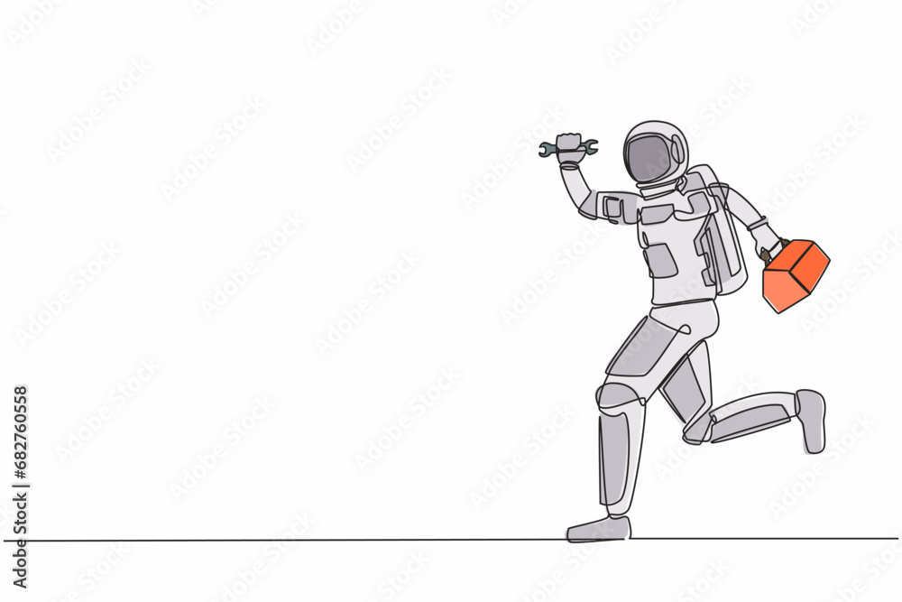 Poster single continuous line drawing young astronaut mechanic running with tool box in moon surface. techn