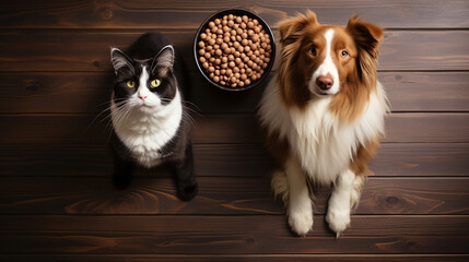 A wide image of pet cat and a dog sitting on the floor, waiting for their meal and looking up, a...