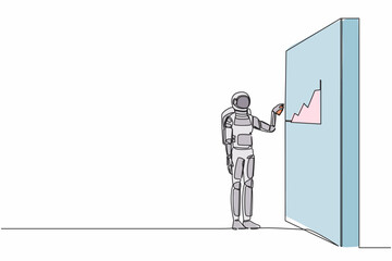 Single continuous line drawing astronaut drawing profit graph on wall in moon surface. Analysis economic opportunity in space company. Cosmonaut deep space. One line graphic design vector illustration