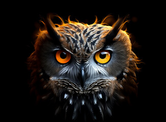 Great Grey black and gold Owl, Sad face, black ang gold feathers, solid background, closeup portrait 
