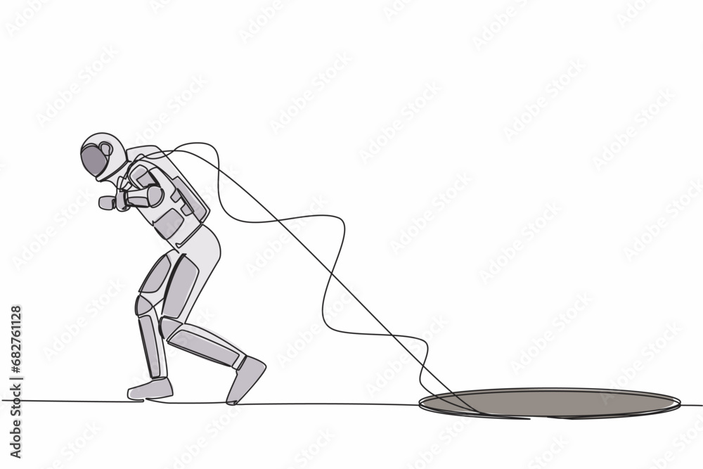 Poster continuous one line drawing astronaut trying hard pulling rope to drag something from hole, facing s