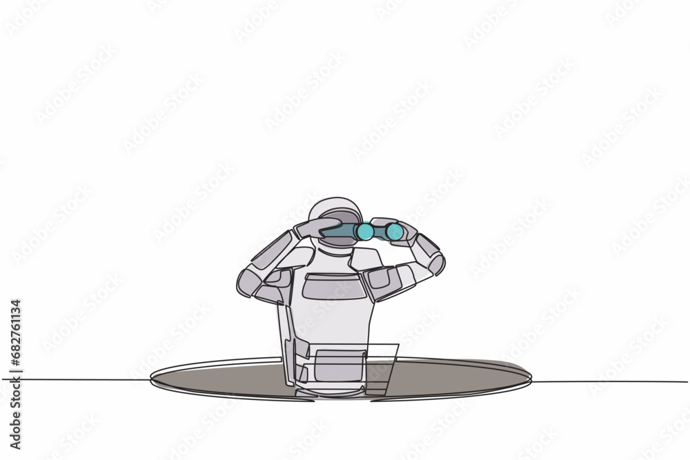 Poster continuous one line drawing astronaut climb out of the hole by ladder and using binocular. spaceship
