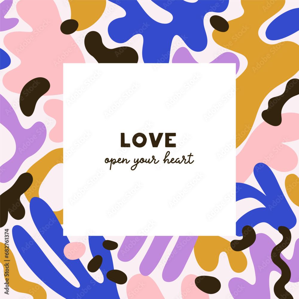 Poster abstract framed card design. square background with modern shapes and love phrase, quote. creative f
